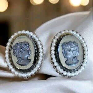 Vintage Black Glass Victorian Intaglio Carved Cameo Faux Pearl  CLIP ON Earrings